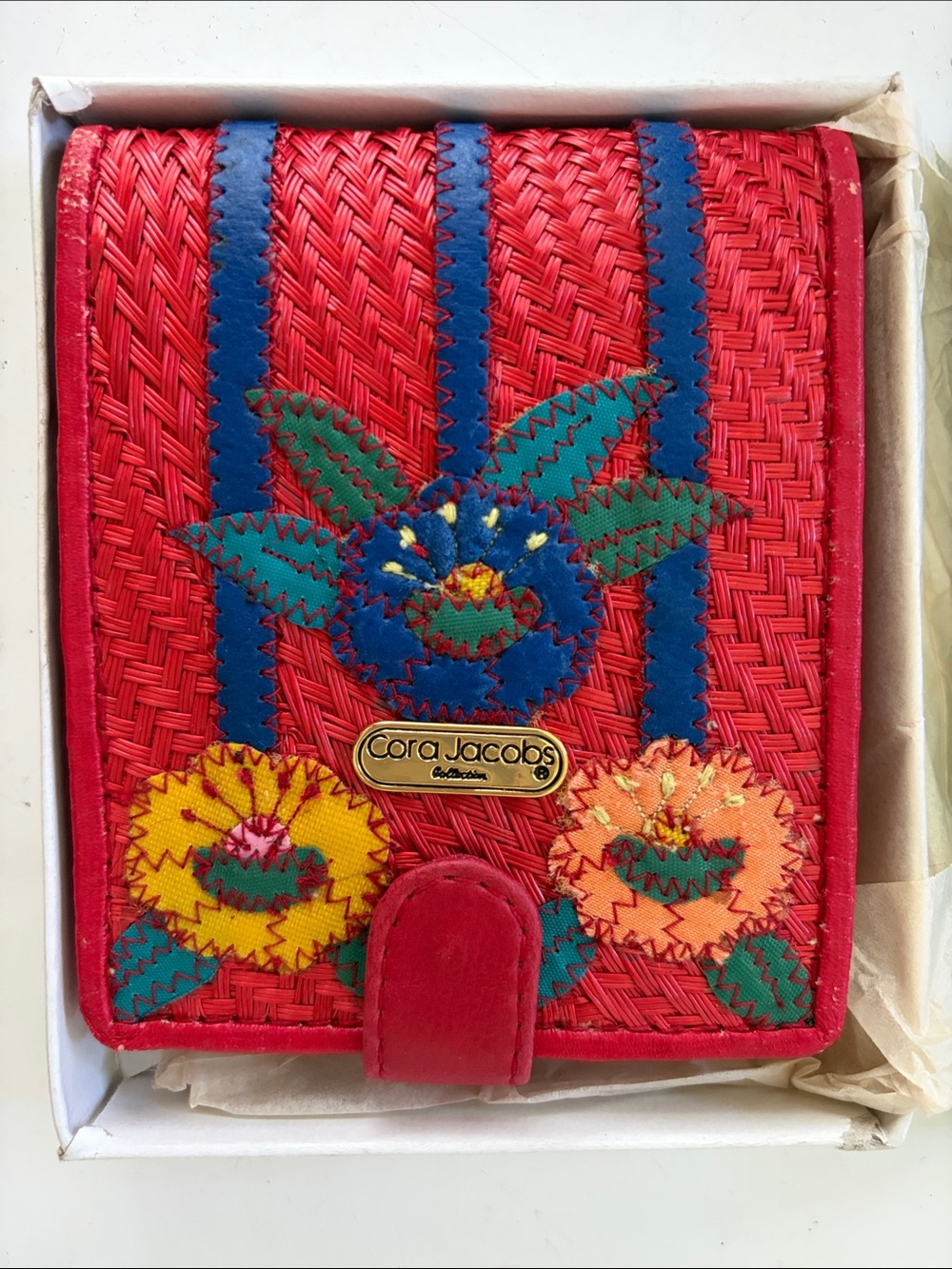 Vintage Cora Jacob’s Red Raffia Woven Floral bifold Wallet